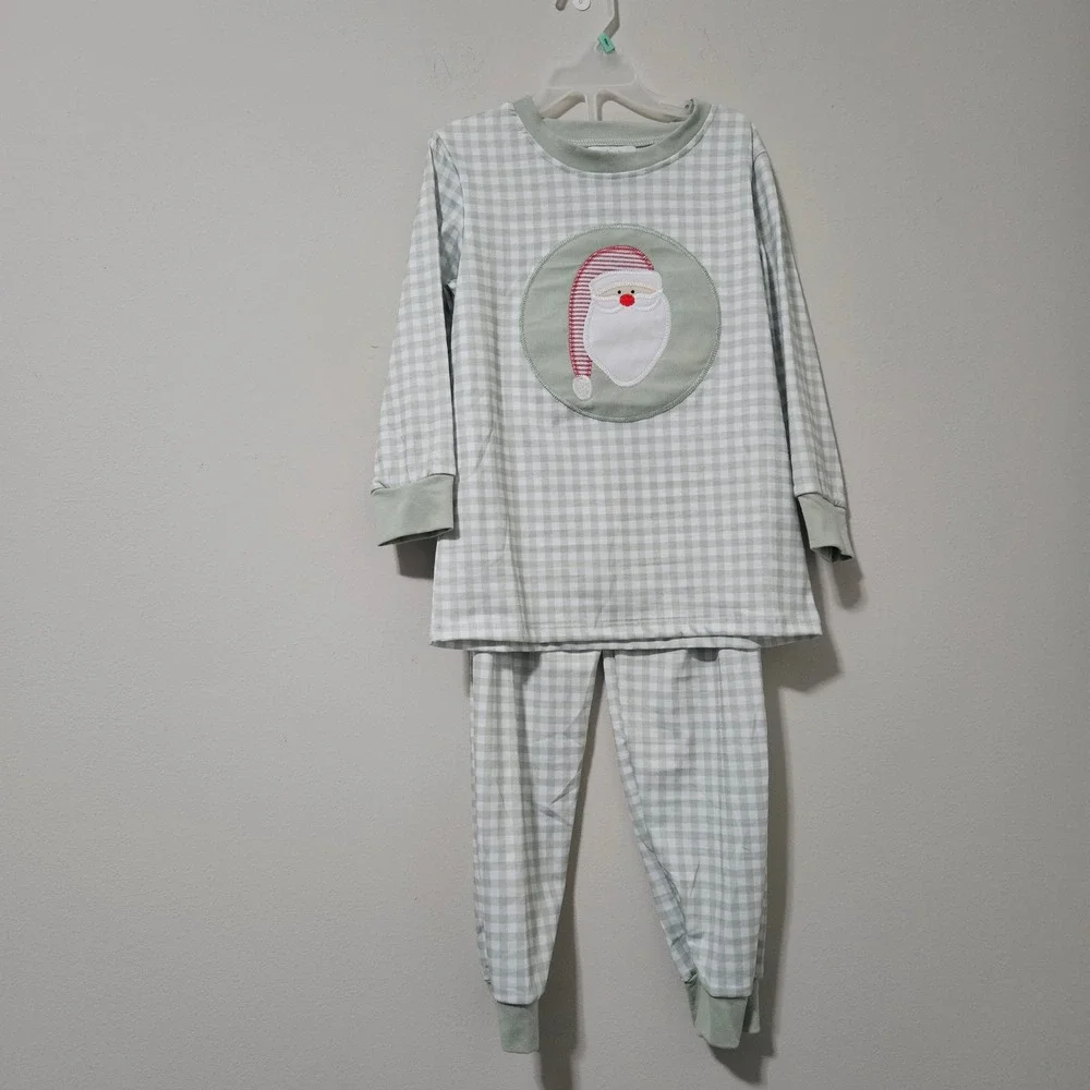 Moo-Cow Designs Kids Santa Gingham Pajama Set Sage Green Christmas 5-6T